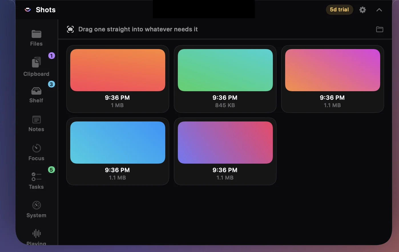 Brim's recent screenshots panel